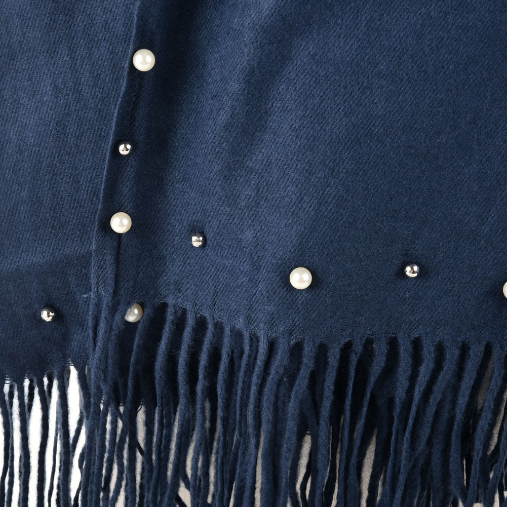 SF959 Navy - Plain Cashmere Pearl Scarf With Tassels