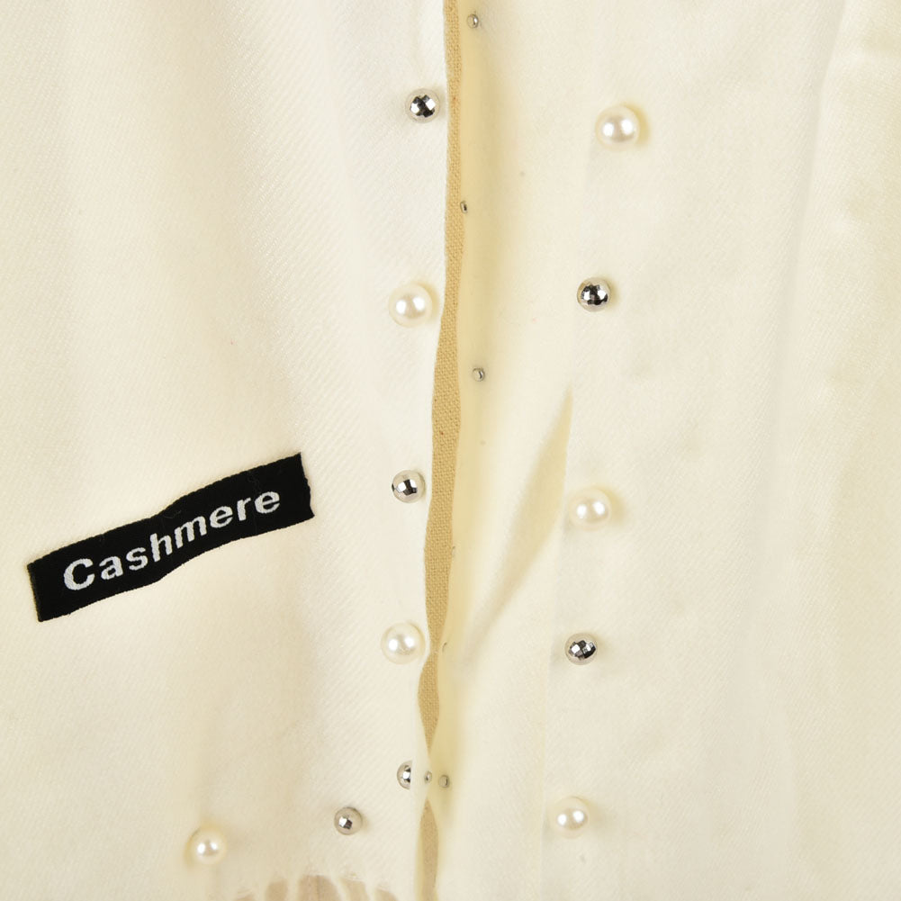 SF959 White - Plain Cashmere Pearl Scarf With Tassels