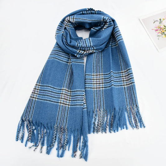 SF1325-BLUE - Ladies fashion small plaid fringed scarf