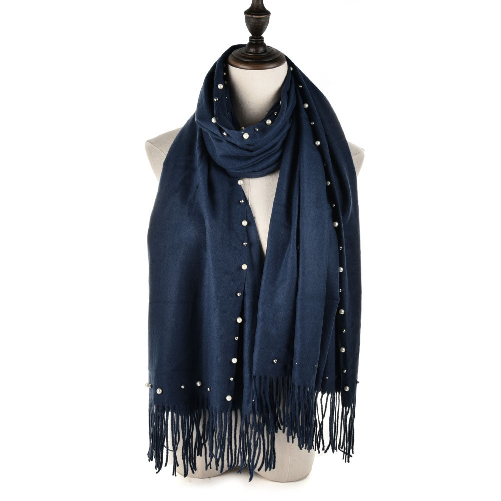 SF959 Navy - Plain Cashmere Pearl Scarf With Tassels